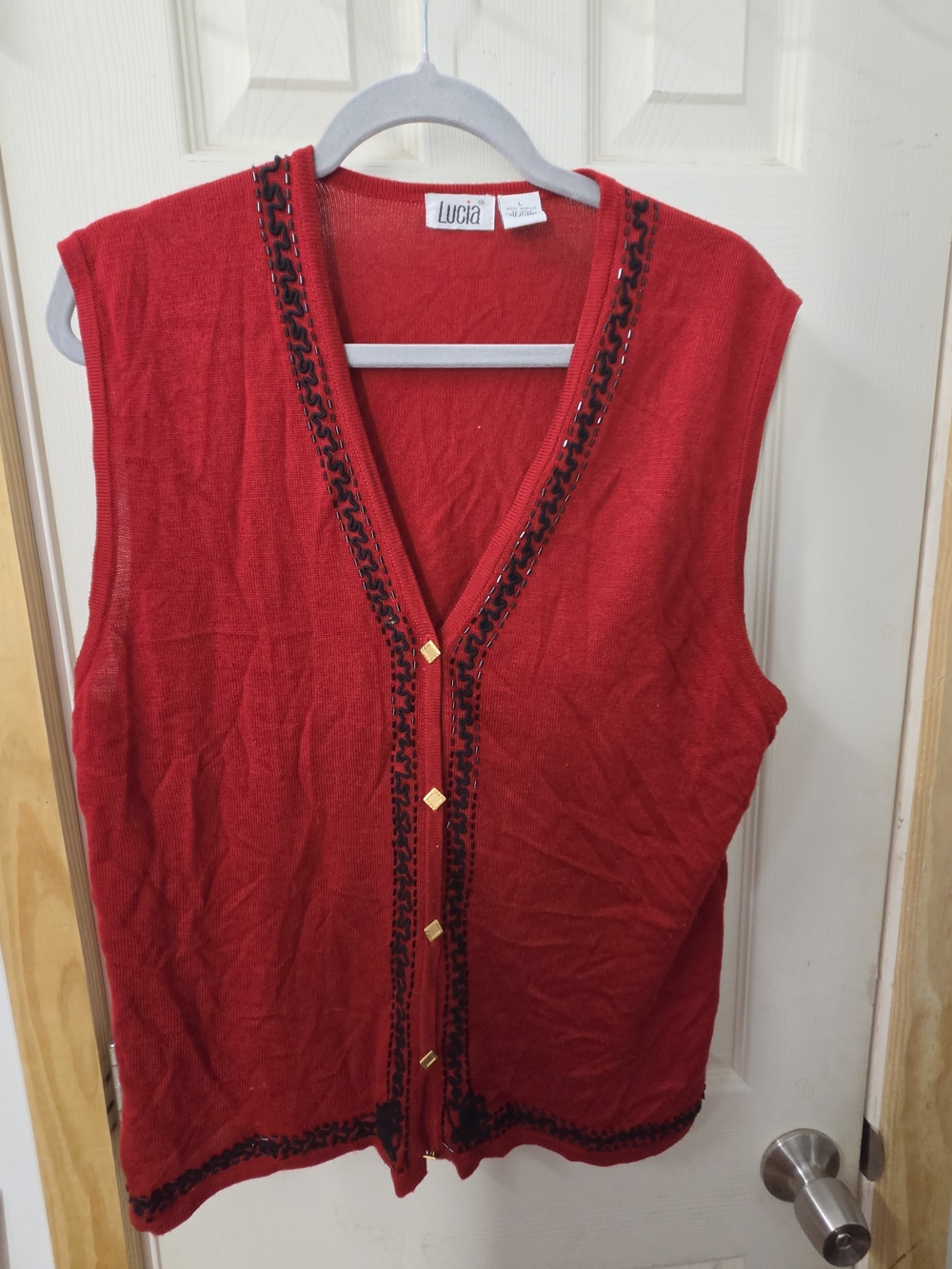Vintage Lucia Red Sleeveless Embellished V-Neck Knit Vest Top #0080